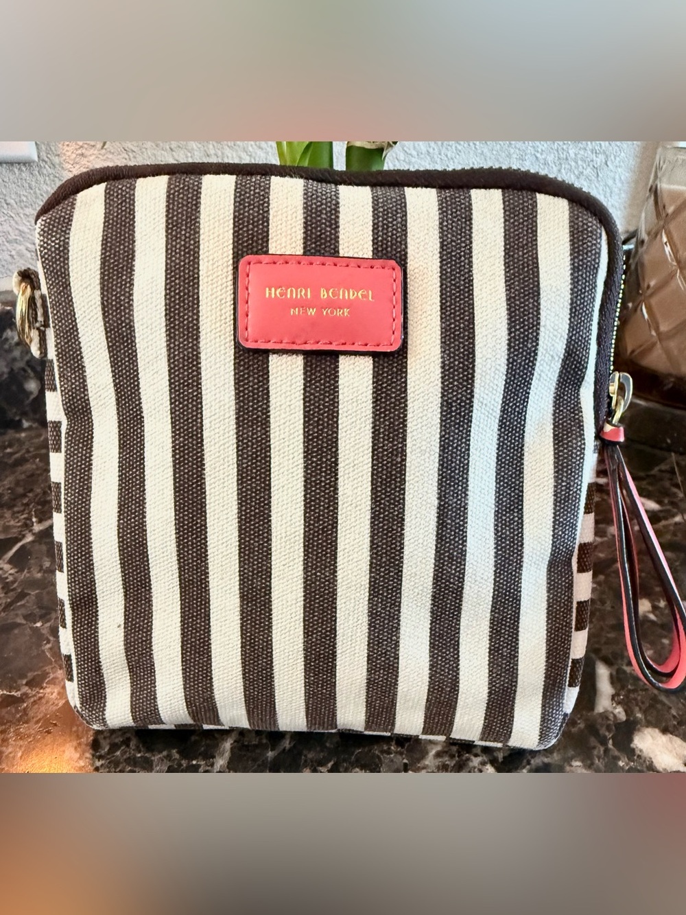 Henri Bendel Brown White Stripe Coral Canvas Cosmetic Bag